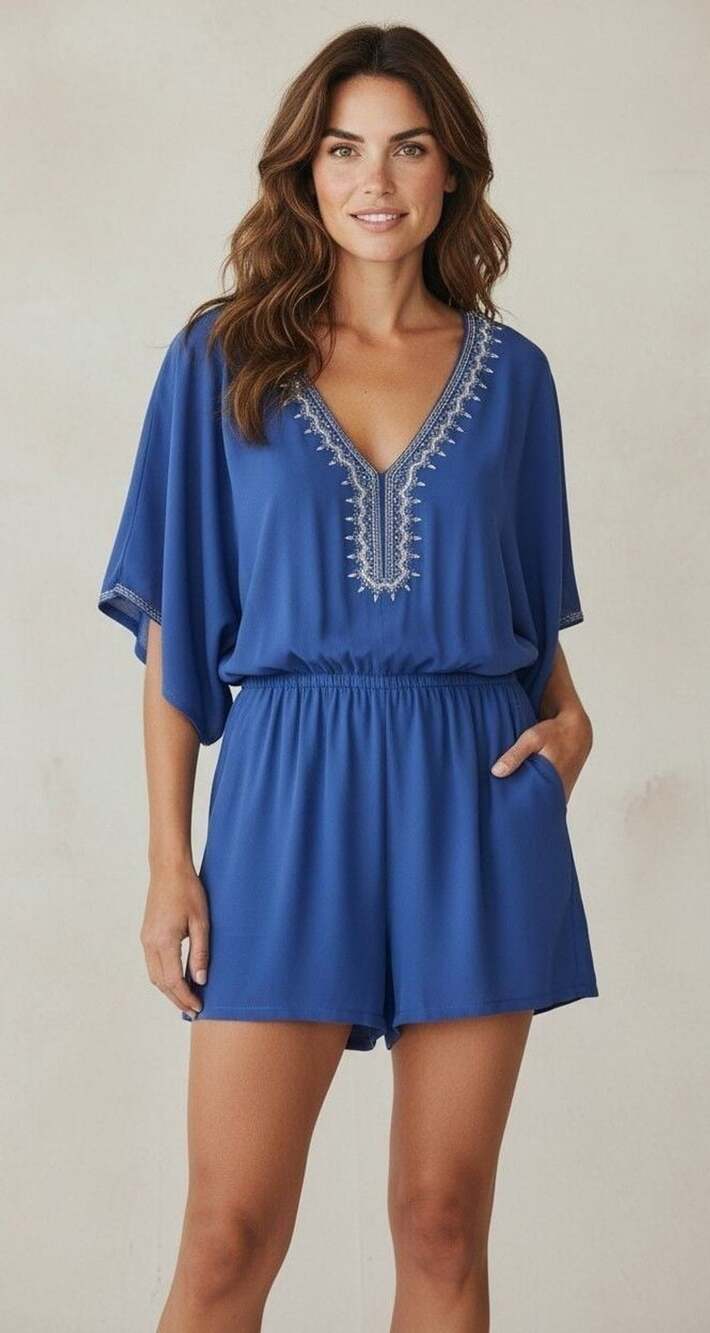 White House Black Market Blue Embroidered Kimono Sleeve Romper Size 6